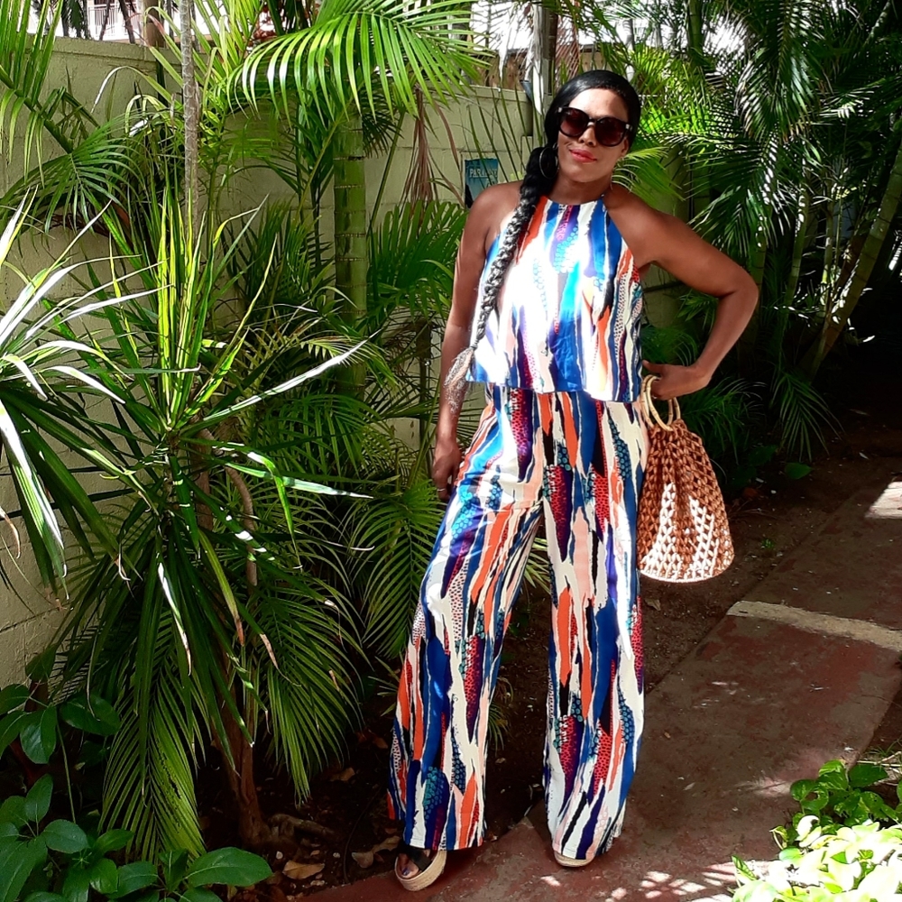Mixed Media Print Halter Jumpsuit